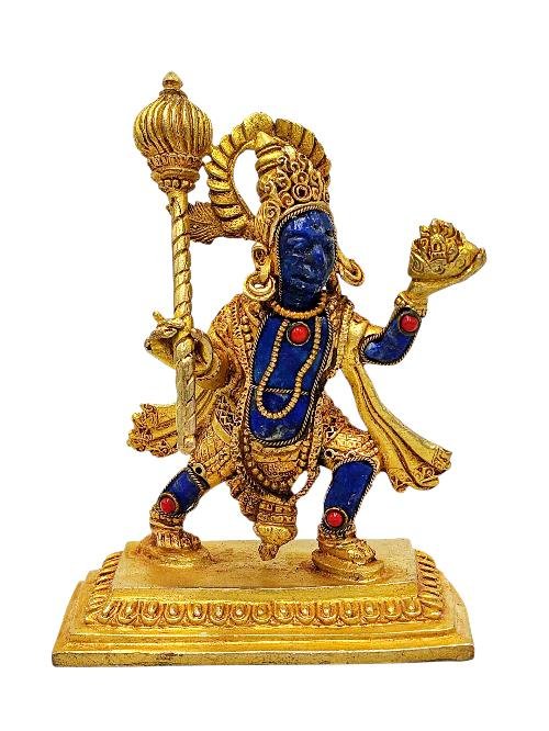 This 10cm tall Hanuman, Miniature Statue, Full Gold Plated Finish, Stone Setting, Lapis Inlay (Product Code: HMS37177) weighs 0.25kg and is available at an offer price of US$100.