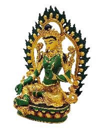 [green Tara], Buddhist Miniature Statue, [partly Gold Plated Finish], [thangka Color Finish], [hand Painted Face]
