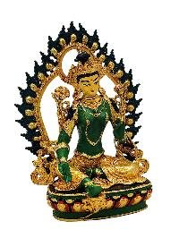 [green Tara], Buddhist Miniature Statue, [partly Gold Plated Finish], [thangka Color Finish], [hand Painted Face]