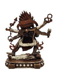 [mahakala Six Arms], Buddhist Miniature Statue, [silver And Chocolate Oxidized Finish]