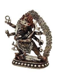 [mahakala Six Arms], Buddhist Miniature Statue, [silver And Chocolate Oxidized Finish]
