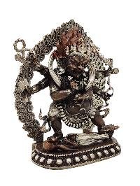 [mahakala Six Arms], Buddhist Miniature Statue, [silver And Chocolate Oxidized Finish]