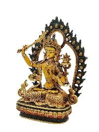 [manjushri], Buddhist Miniature Statue, [partly Gold Plated Finish], [thangka Color Finish], [hand Painted Face]