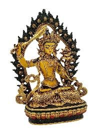 [manjushri], Buddhist Miniature Statue, [partly Gold Plated Finish], [thangka Color Finish], [hand Painted Face]