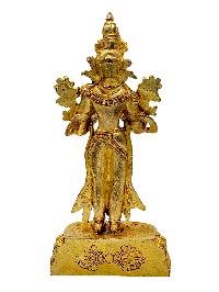 [standing Maitreya Buddha], Buddhist Miniature Statue, [full Gold Plated Finish], [stone Setting], [lapis Inlay]