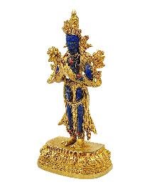 [standing Maitreya Buddha], Buddhist Miniature Statue, [full Gold Plated Finish], [stone Setting], [lapis Inlay]