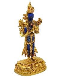 [standing Maitreya Buddha], Buddhist Miniature Statue, [full Gold Plated Finish], [stone Setting], [lapis Inlay]
