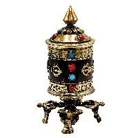 thumb1-Buddhist Metal Prayer Wheel Table Top, OMPH Mantra With Stone Setting And Dorje Design