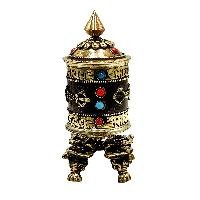 thumb2-Buddhist Metal Prayer Wheel Table Top, OMPH Mantra With Stone Setting And Dorje Design