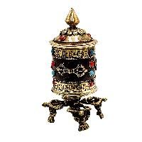 thumb3-Buddhist Metal Prayer Wheel Table Top, OMPH Mantra With Stone Setting And Dorje Design