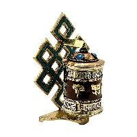 thumb3-Buddhist Metal Prayer Wheel Table Top, OMPH Mantra With Stone Setting And Endless Knot Design