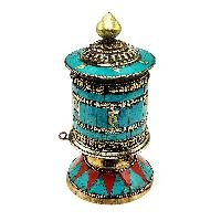 thumb1-Buddhist Metal Prayer Wheel Table Top, OMPH Mantra With Stone Setting Design