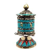 thumb2-Buddhist Metal Prayer Wheel Table Top, OMPH Mantra With Stone Setting Design
