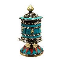 thumb3-Buddhist Metal Prayer Wheel Table Top, OMPH Mantra With Stone Setting Design