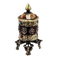 thumb1-Buddhist Metal Prayer Wheel Table Top, OMPH Mantra With Ashtamangala Symbols