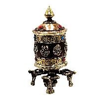 thumb3-Buddhist Metal Prayer Wheel Table Top, OMPH Mantra With Ashtamangala Symbols