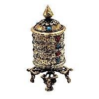 thumb1-Buddhist Metal Prayer Wheel Table Top, OMPH Mantra With Stone Setting Design