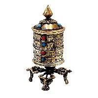 thumb2-Buddhist Metal Prayer Wheel Table Top, OMPH Mantra With Stone Setting Design