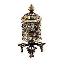 thumb3-Buddhist Metal Prayer Wheel Table Top, OMPH Mantra With Stone Setting Design