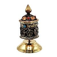 thumb3-Buddhist Metal Prayer Wheel Table Top, OMPH Mantra With Ashtamangala Symbols