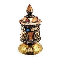 thumb1-Buddhist Metal Prayer Wheel Table Top, OMPH Mantra With Pancha Buddha Design