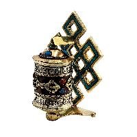 thumb2-Buddhist Metal Prayer Wheel Table Top, OMPH Mantra With Stone Setting And Dorje Design