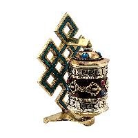 thumb3-Buddhist Metal Prayer Wheel Table Top, OMPH Mantra With Stone Setting And Dorje Design