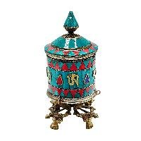 thumb1-Buddhist Metal Prayer Wheel Table Top, OMPH Mantra With Stone Setting Design