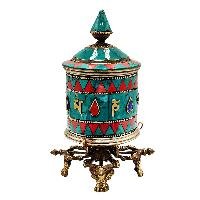 thumb2-Buddhist Metal Prayer Wheel Table Top, OMPH Mantra With Stone Setting Design