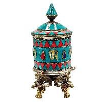 thumb3-Buddhist Metal Prayer Wheel Table Top, OMPH Mantra With Stone Setting Design