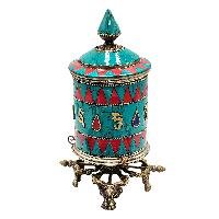 thumb1-Buddhist Metal Prayer Wheel Table Top, OMPH Mantra With Stone Setting Design