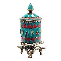 thumb2-Buddhist Metal Prayer Wheel Table Top, OMPH Mantra With Stone Setting Design