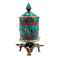 thumb3-Buddhist Metal Prayer Wheel Table Top, OMPH Mantra With Stone Setting Design
