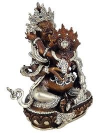 Green Jambhala Prosperity Deity Shakti Yab Yum Statue Copper With Silver And Chocolate Oxidized Finish