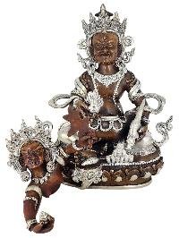 Green Jambhala Prosperity Deity Shakti Yab Yum Statue Copper With Silver And Chocolate Oxidized Finish