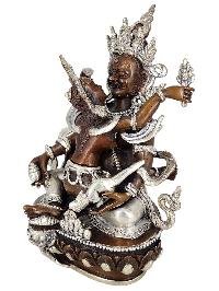 Yellow Jambhala Wealth Deity Shakti Yab Yum Statue Copper With Silver And Chocolate Oxidized Finish