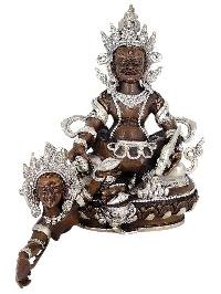 Yellow Jambhala Wealth Deity Shakti Yab Yum Statue Copper With Silver And Chocolate Oxidized Finish