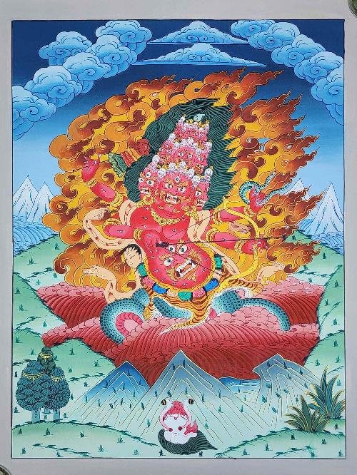 This 60cm tall Rahula Wrathful Protector Deity Tibetan Thangka Painting With Symbolic Detailing (Product Code: HMS37304) weighs 0.15kg and is available at an offer price of US$22.5.