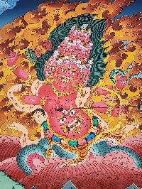 [rahula] Wrathful Protector Deity Tibetan Thangka Painting With Symbolic Detailing