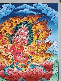 [rahula] Wrathful Protector Deity Tibetan Thangka Painting With Symbolic Detailing