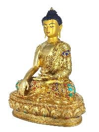 [shakyamuni] Handmade Nepali Buddhist Statue, [full Gold Plated], [stone Setting], [face Painted]