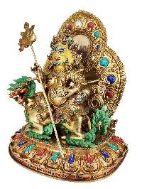 Buddhist Handmade Statue Of Singha Kuber, [jambhala Namtose On Throne], [full Gold Plated], [stone Setting], [face Painted]