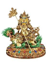 Buddhist Handmade Statue Of Singha Kuber, [jambhala Namtose On Throne], [full Gold Plated], [stone Setting], [face Painted]
