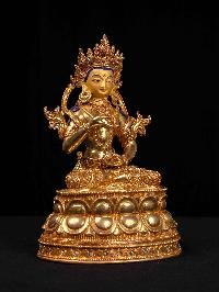 [vajrasattva] Handmade Nepali Buddhist Statue, [full Gold Plated], [stone Setting], [face Painted]