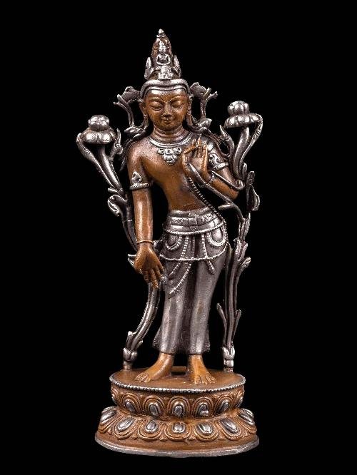  [Standing Green tara] Handmade Nepali Buddhist Statue, [Silver and Chocolate Oxidized]-37482