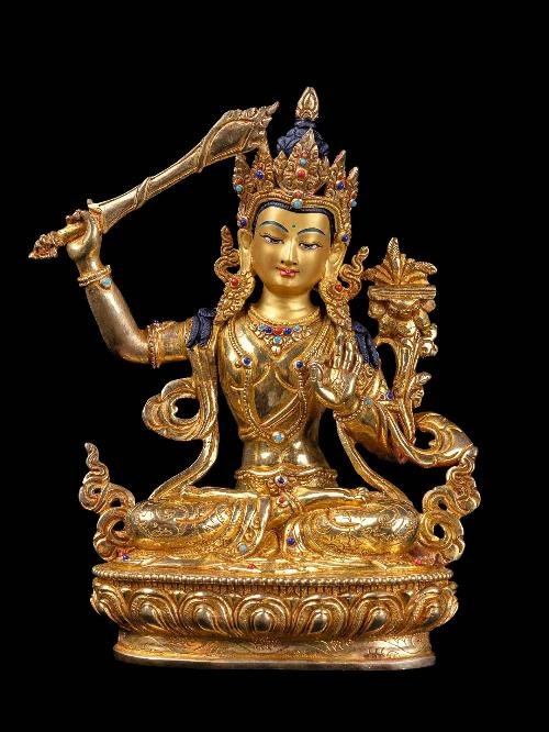 [Manjushree] Handmade Nepali Buddhist Statue, [Full Gold Plated], [Face Painted]-37497