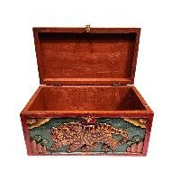 Buddhist Wooden Box With [tiger And Endless Knot] Design, Tibetan Style With Traditional Color