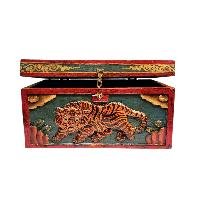 Buddhist Wooden Box With [tiger And Endless Knot] Design, Tibetan Style With Traditional Color