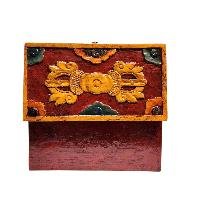 Buddhist Wooden Box With [omph] Design, Tibetan Style With Traditional Color