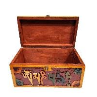 Buddhist Wooden Box With [omph] Design, Tibetan Style With Traditional Color